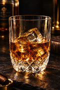 Tumbler CONCERTO en cristal avec whisky ambré et glaçons – mise en situation