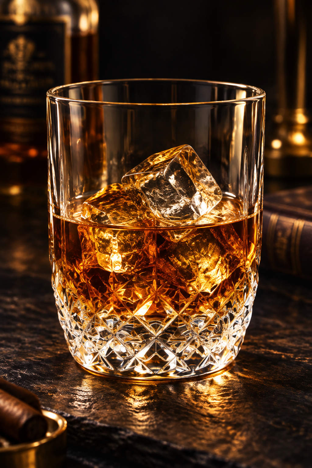 Tumbler CONCERTO en cristal avec whisky ambré et glaçons – mise en situation